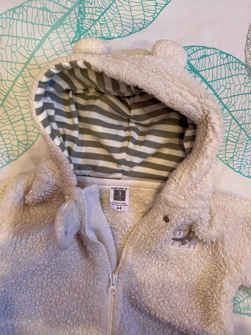 Carter's Cream Sherpa Hooded Footed One-Piece with Striped Lining - Picture 5 of 9